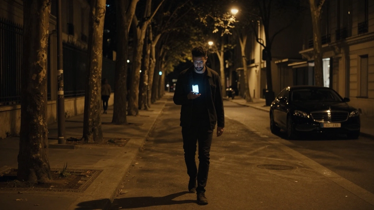A man walking at night in Paris, holding a phone, with a car waiting nearby in the shadows.