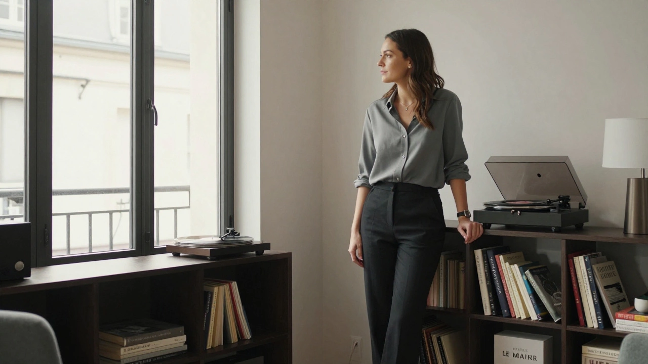 A professional escort in a tasteful Paris studio surrounded by books and vinyl records.
