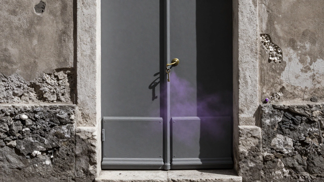 An antique door with a brass handle and hanging key in a quiet Aix alley, surrounded by stone walls and faint lavender blooms.