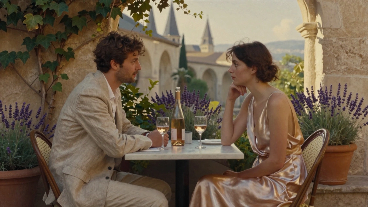 Two people in elegant attire share a quiet moment at a café table in a lavender-filled courtyard, golden afternoon light bathing the scene.
